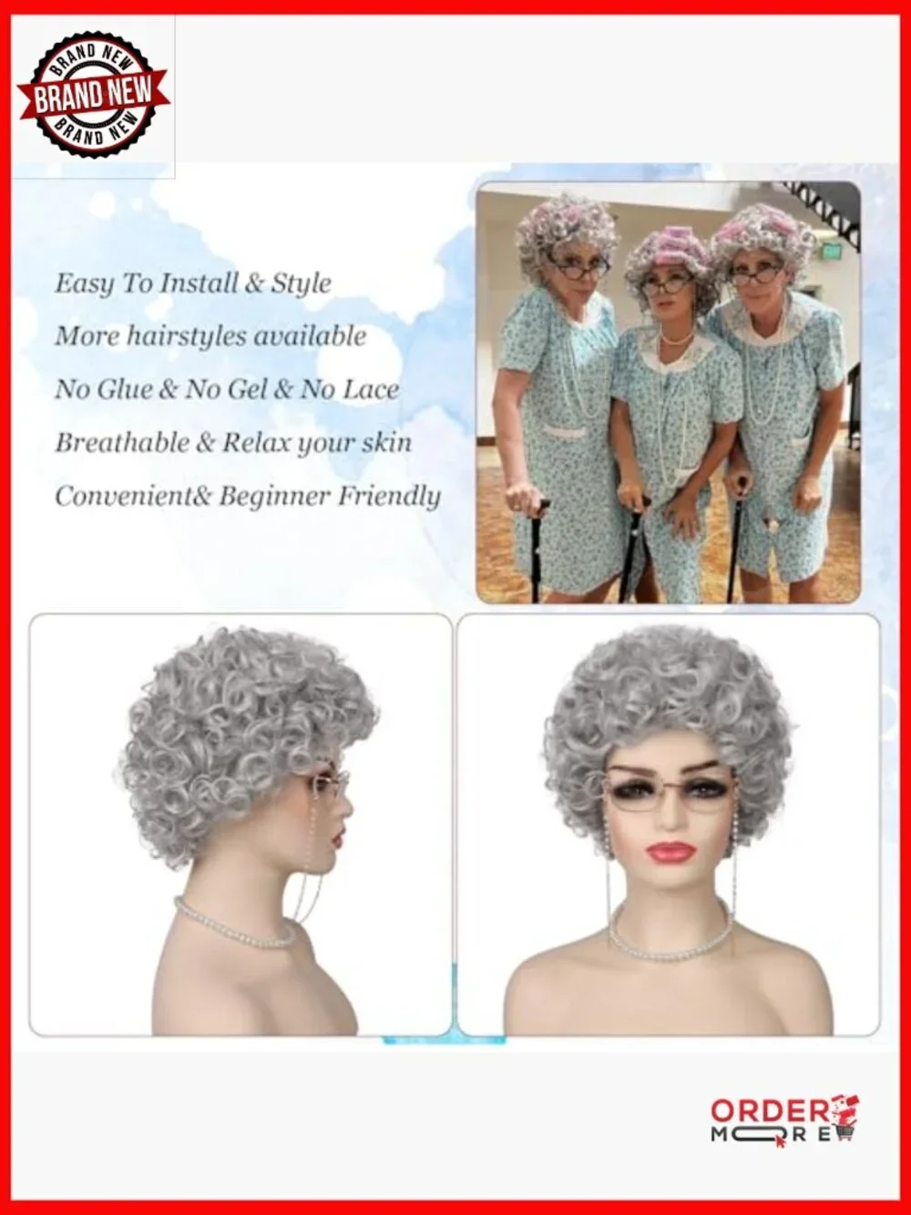 Synthetic Granny Wig Set with Glasses and Necklace for Costume Parties